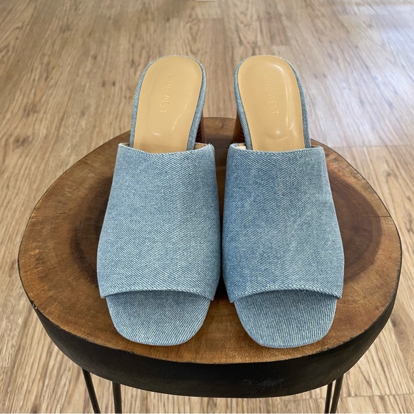 NWT 6.5 9 9.5 10 NINE WEST light blue Jean black heel open toe sandals - Picture 9 of 10